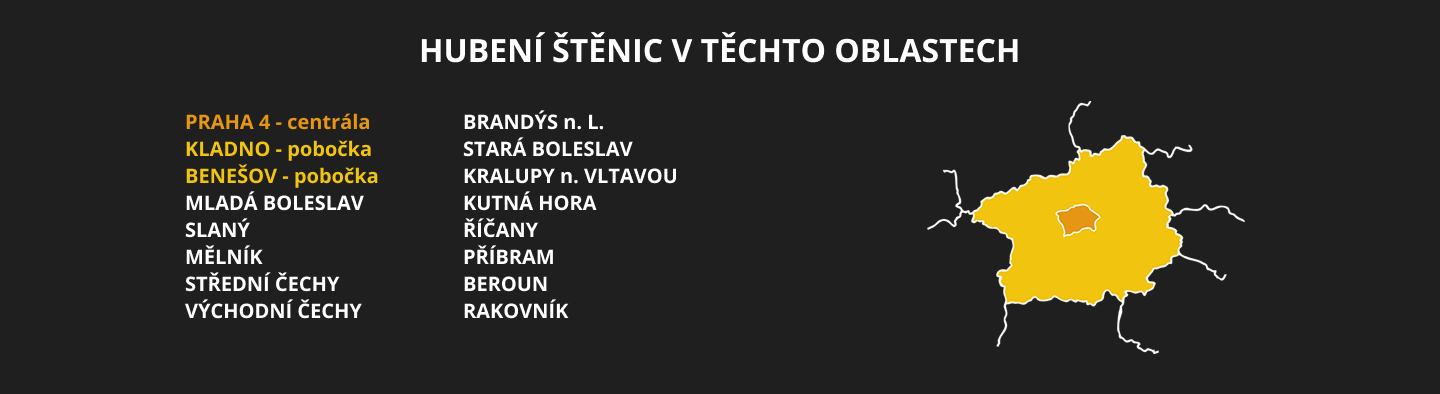Mapa oblastí pokrytí – Praha 4, Kladno, Benešov, Mladá Boleslav, Slaný, Mělník, Střední Čechy, Východní Čechy a další